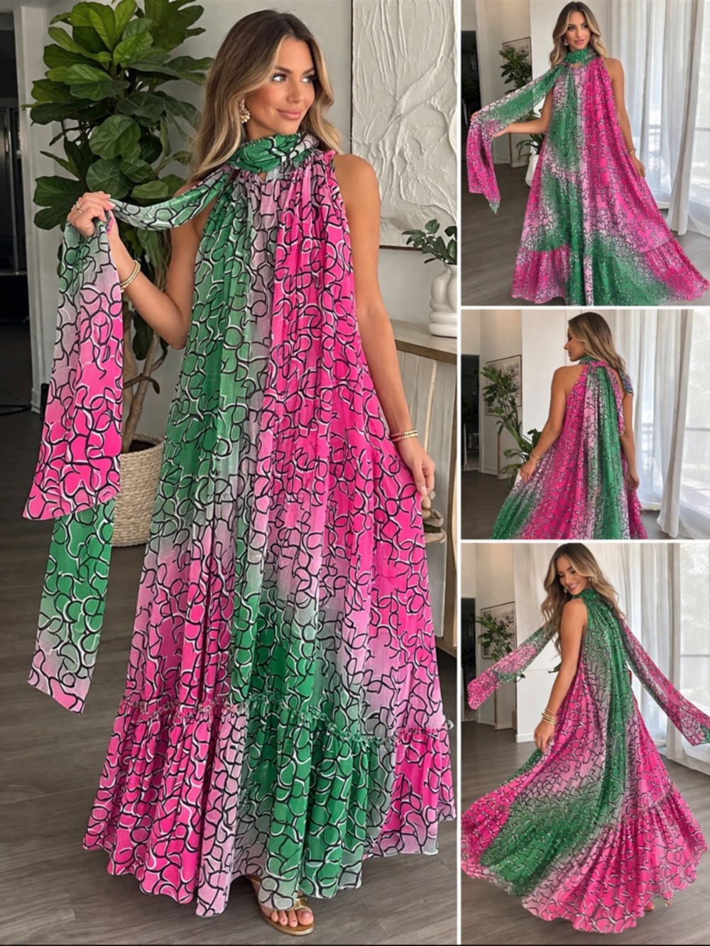 NWT Nancy Sheer Maxi Dress sz L Pink Green Resort Vacation Wedding Scarf Overlay